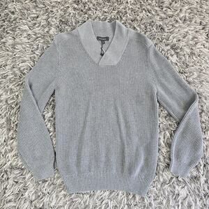 Express Sweater Mens Medium Gray Shawl Collar Cotton Knit Ribbed Pullover